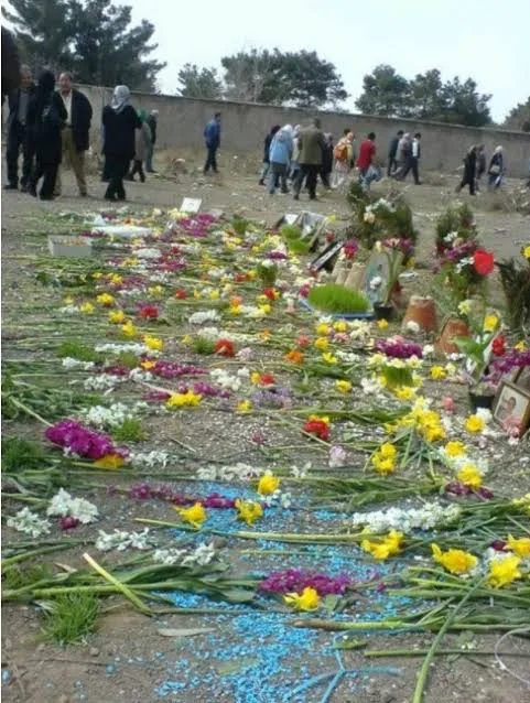 Flowers in many colours laid across bare ground, with people walking beside a long wall in the background.